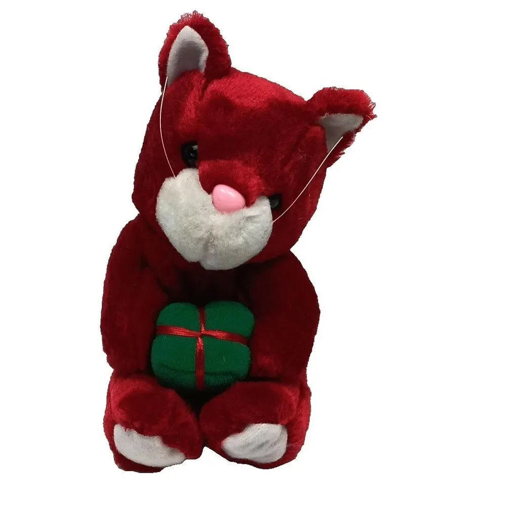 Red Plush Cat Holding Gift Sitting Stuffed Lux Fur Vintage Holding Gift